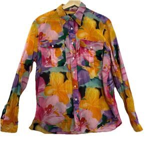 Lauren Ralph Lauren Button Up Blouse Womens Large Floral Semi Sheer Cotton Silk